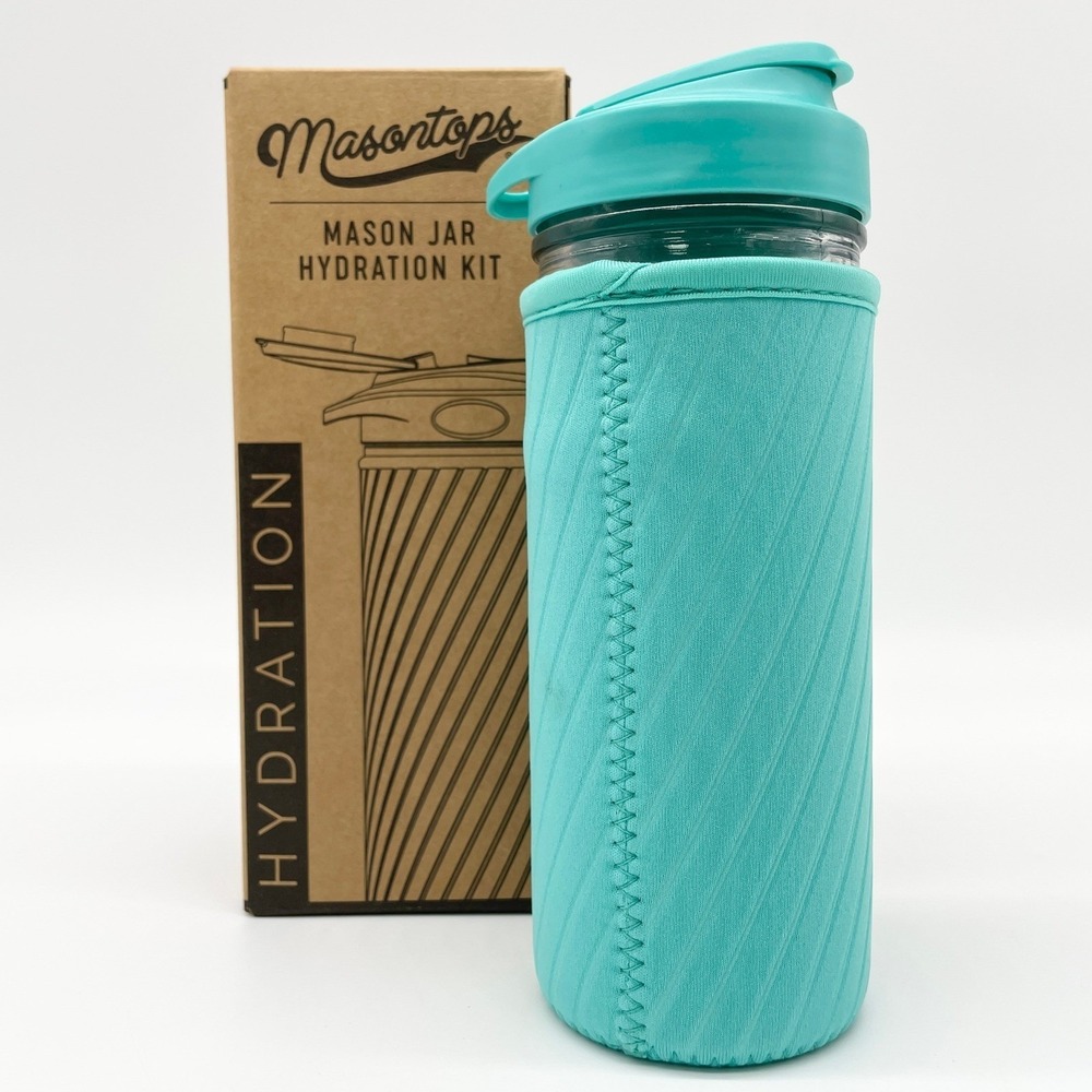 Masontops Womens Mason Jar Hydration Kit Aqua Glass Bottle Neoprene Sleeve‎ Eco